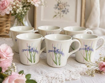 Vintage Corelle Shadow Iris Coffee Mugs Set of 6 | Purple Iris Floral Cups | Corning Corelle Vitrelle | 1980s Cottagecore Kitchen | Replacem