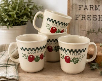 Vintage Corning Farm Fresh Coffee Mugs Set of 5 | Made in USA Country Kitchen Cups | Apples Pears Grapes Fruit Pattern | 1980s Farmhouse Dec