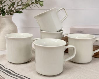 Vintage Made in England White Ironstone Coffee Mugs Set of 5 | Minimalist English Ironstone Tea Cups | Restaurant Ware | Modern Farmhouse