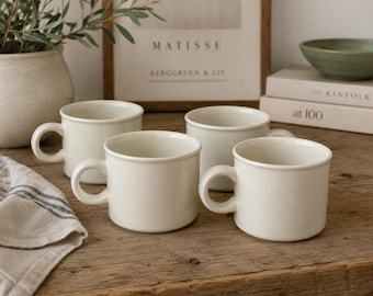 Vintage Midwinter Stonehenge Creation Mugs Set of 4 Jessie Tait England Ironstone Coffee Cups Cream White Minimalist Modern Crazing Present