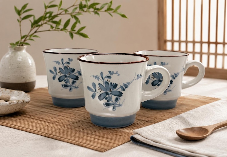 May include: Three white ceramic mugs with blue floral designs and brown rims. The mugs have a blue base and white handles. A small vase with green leaves and a small dish are also in the image.