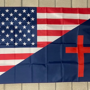 May include: A flag with the American flag on the left side and a blue background with a red cross on the right side.
