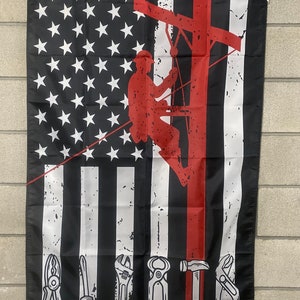Amerikaanse Lijnwachter Vlag GRATIS SCHIP Lijnwerker Hoogspanningsvermogen Beer Man Cave Blue Collar Freedom Save America USA Sign Poster 3x5' Single