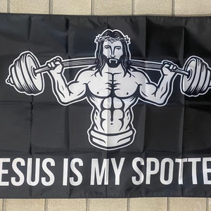 Bandera de Jesús es mi observador, envío gratis, gimnasio, motivación, levantamiento, atleta muscular, hombre, cueva, garaje, ajetreo, cartel de dinero, EE. UU., 3x5', un solo lado