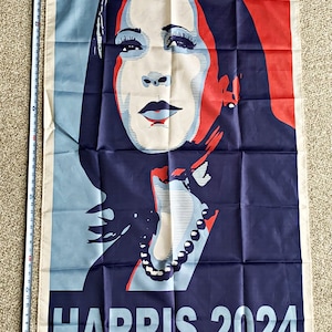 May include: A blue and red political campaign flag with a portrait of Kamala Harris and the text "HARRIS 2024".