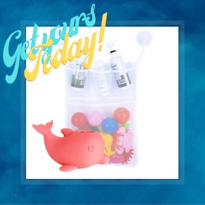May include: White mesh bath toy organizer with suction cups, hanging on a white wall. The organizer is filled with colorful bath toys, including a pink dolphin, a yellow duck, and a green turtle. The text "Get yours today!" is written in blue and yellow letters on a blue background.