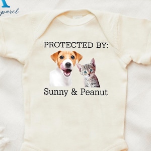 Baby Shower Gift, Protected by Pets Onesie®, Custom Dogs and Cats Onesie®, Personalized Baby Gift, Custom Dog and Cat Names Photo, Baby Gift