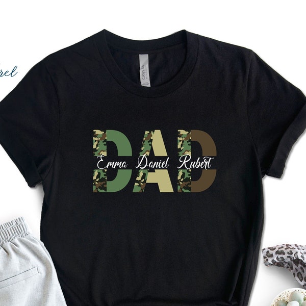 Custom Dad Shirt With Kids Names, Camo Print Personalized Father Shirt, Father's Day Shirt, Custom Kid's Names Papa Shirt, Gift For Daddy