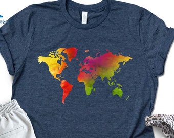Watercolor World Map Shirt, Travel Lover Gift