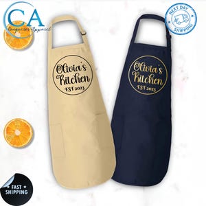 Custom Name Est Date  Apron, Personalized Baking Apron, Kitchen Chef Apron with Pockets, Aprons For Women and Men, Housewarming Apron