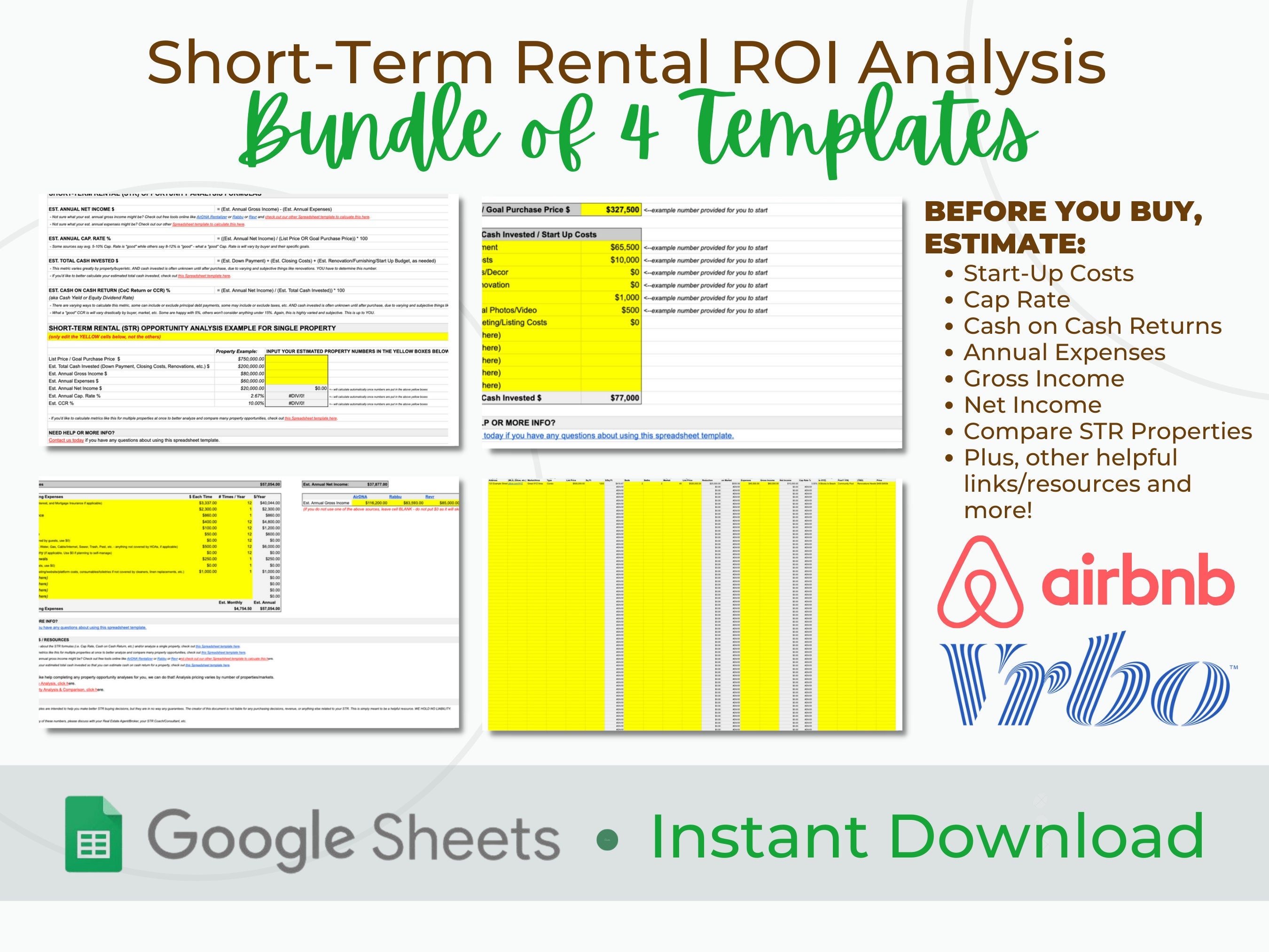 Short-Term Rental Analysis Bundle | Single & Multiple Property Templates | AIRBNB/VRBO Vacation Rental Data | Editable Google Sheets