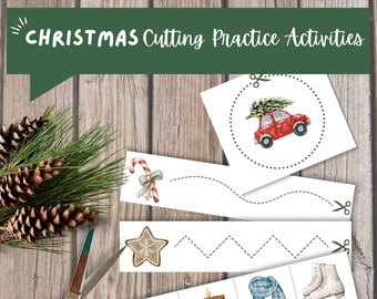 Christmas Winter Preschool Fine Motor Cutting Practice | Toddler Montessori Scissors Skills Cutting Strips | Printable Christmas Activities