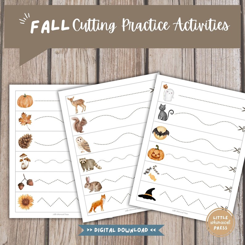 May include: Three printable worksheets with dashed lines for cutting practice. The worksheets feature fall and Halloween themes with images of pumpkins, acorns, owls, raccoons, foxes, bats, candy canes, and a witch's hat. The text "FALL Cutting Practice Activities" is at the top of the page.