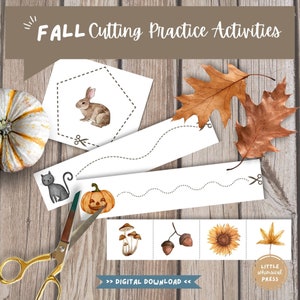May include: Printable fall-themed cutting practice activities for kids. The set includes images of a pumpkin, a cat, a rabbit, mushrooms, acorns, a sunflower, and a leaf. The text "FALL Cutting Practice Activities" is at the top of the page. The text "DIGITAL DOWNLOAD" is at the bottom of the page.