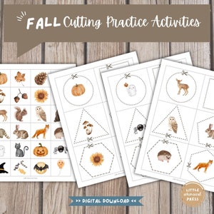 May include: Printable fall-themed cutting practice activity sheets for kids. The sheets feature various fall-themed images, including a pumpkin, a ghost, a deer, a squirrel, an owl, a rabbit, a fox, a hedgehog, a sunflower, and a spider. The images are surrounded by dashed lines, indicating where to cut.