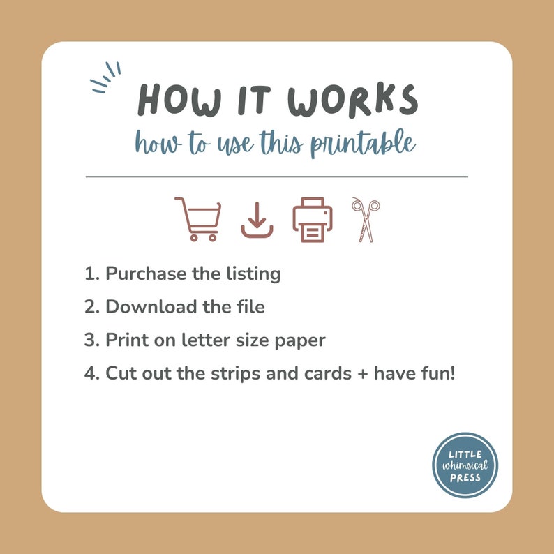 May include: A white card with brown text explaining how to use a printable. The text reads "HOW IT WORKS how to use this printable".  There are four steps listed: 1. Purchase the listing, 2. Download the file, 3. Print on letter size paper, 4. Cut out the strips and cards + have fun!  The card also includes icons for a shopping cart, a download arrow, a printer, and scissors.  The bottom of the card has a logo that reads "LITTLE whimsical PRESS".
