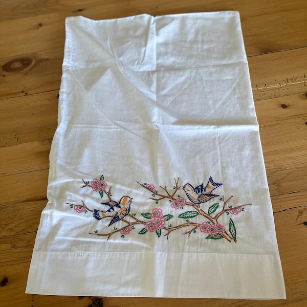 Embroidered Birds Pillow Case Vintage