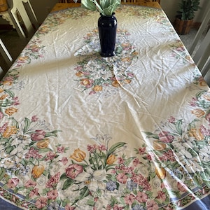 Vintage Floral Tablecloth: Blue Damask Linen, 81&quot; x 30&quot;