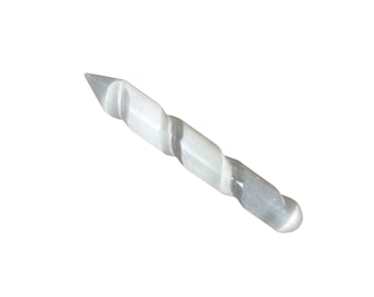 May include: A white selenite crystal wand with a spiral design. The wand is pointed at one end and rounded at the other.