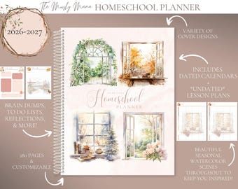 Homeschool Planner, 2026-2027 Lesson Planner, Spiral bound, 7 row weekly layout, undated lesson plans, The Mushy Mama, Seasonal Scenes