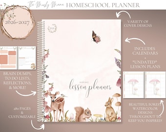 Homeschool Planner, 2026-2027 Lesson Planner, Spiral bound, 7 row weekly layout, undated lesson plans, The Mushy Mama, Forest Flora & Fauna
