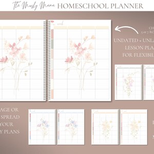 May include: Homeschool planner with a floral design. The planner features undated lesson plans with a choice of 5 or 7 row designs. The planner includes weekly plan pages and new designs each month. The text on the planner reads "The Musly Mama Homeschool Planner."
