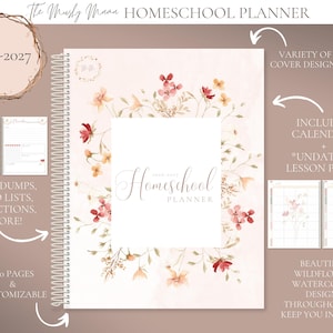 May include: A spiral-bound homeschool planner with a floral design. The cover features a watercolor floral wreath and the text "Homeschool Planner." Additional features include calendars, undated lesson plans, and 280 customizable pages. The planner is dated 2026-2027.