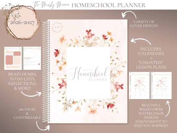 Homeschool Planner, 2026-2027 Lesson Planner, Spiral bound, 7 row weekly layout, undated lesson plans, The Mushy Mama, Wildflower Dreams