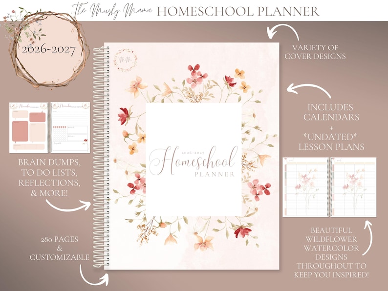 May include: A spiral-bound homeschool planner with a floral design. The cover features a watercolor floral wreath and the text "Homeschool Planner." Additional features include calendars, undated lesson plans, and 280 customizable pages. The planner is dated 2026-2027.