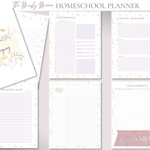 May include: Homeschool planner with floral accents. The planner includes pages for recordkeeping, attendance, lesson tracking, reading lists, and assignments. The pages are white with a soft floral border and the text "The Musky Mama Homeschool Planner".