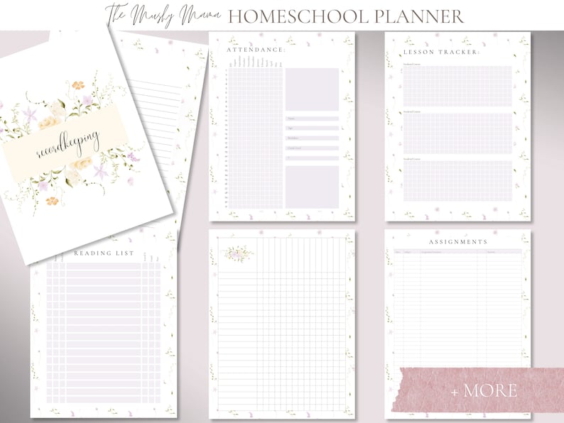 May include: Homeschool planner with floral accents. The planner includes pages for recordkeeping, attendance, lesson tracking, reading lists, and assignments. The pages are white with a soft floral border and the text "The Musky Mama Homeschool Planner".