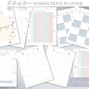 May include: A collection of printable homeschool planner pages. The pages feature floral borders with pastel color blocks and the text "mapping our year", "Daily Schedule", "Morning Time/Them", "Field Trips/Vacations", "Extra-Curricular Activity Ideas", and "Loop Schedule".