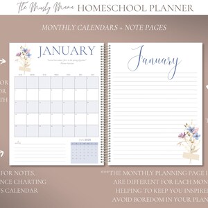May include: Homeschool planner with monthly calendars and note pages. The open planner displays a January calendar with a blue and white floral design. The right page has lined notes. Text includes "Space to Dream" and "New Watercolor Designs for Each Month."