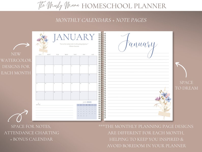 May include: Homeschool planner with monthly calendars and note pages. The open planner displays a January calendar with a blue and white floral design. The right page has lined notes. Text includes "Space to Dream" and "New Watercolor Designs for Each Month."