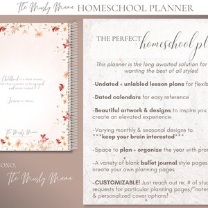 May include: Homeschool planner with floral design and spiral binding. The planner includes undated lesson plans, dated calendars, and customizable options. Text on the cover reads "Childhood is a short season..." and "The Musly Mama".