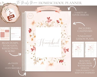 Homeschool Planner, Printable DIGITAL DOWNLOAD, 2025-2026 Lesson Planner, 7 row weekly layout, undated lesson plans, Wildflower Dreams, PDF