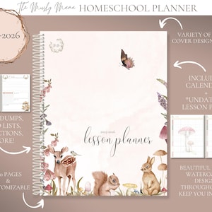 Homeschool Planner, 2025-2026 Lesson Planner, Spiral bound, 7 row weekly layout, undated lesson plans, The Mushy Mama, Forest Flora & Fauna