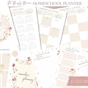 May include: Homeschool planner with floral accents. The planner includes sections for important dates, curriculum choices, and resources. The pages have a soft, neutral color palette with floral illustrations. The text "The Musly Mane HOMESCHOOL PLANNER" is at the top.