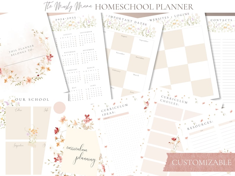 May include: Homeschool planner with floral accents. The planner includes sections for important dates, curriculum choices, and resources. The pages have a soft, neutral color palette with floral illustrations. The text "The Musly Mane HOMESCHOOL PLANNER" is at the top.