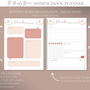 May include: A spiral-bound homeschool planner with a floral design. The planner includes sections for monthly organization, reflections, and a habit tracker. The pages feature areas for notes, to-do lists, and journaling, with text that reads "November Overview" and "November Reflections."