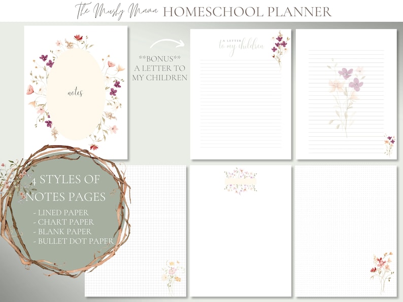 May include: Homeschool planner with floral accents. Includes lined, chart, blank, and bullet dot paper. Features a notes page and a bonus "A Letter to My Children" page. The planner has a rustic, botanical theme.