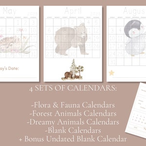May include: Four sets of printable calendars with illustrations of flora, fauna, and forest animals. Each calendar displays a month with traceable numbers and includes a bonus undated blank calendar. The image text says "Today's Date:" and "4 SETS OF CALENDARS:"