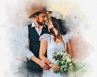 Personalized Wedding Painting from Photo, Wedding Couple Portrait, Watercolor Digital Painting, Home Decor Room Wall Anniversary Artwork