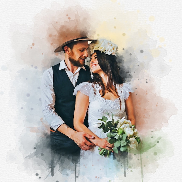 Personalized Wedding Painting from Photo, Wedding Couple Portrait, Watercolor Digital Painting, Home Decor Room Wall Anniversary Artwork