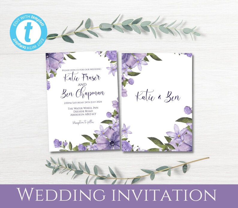 Lilac Floral Wedding Invitation Template Self Edit in Etsy