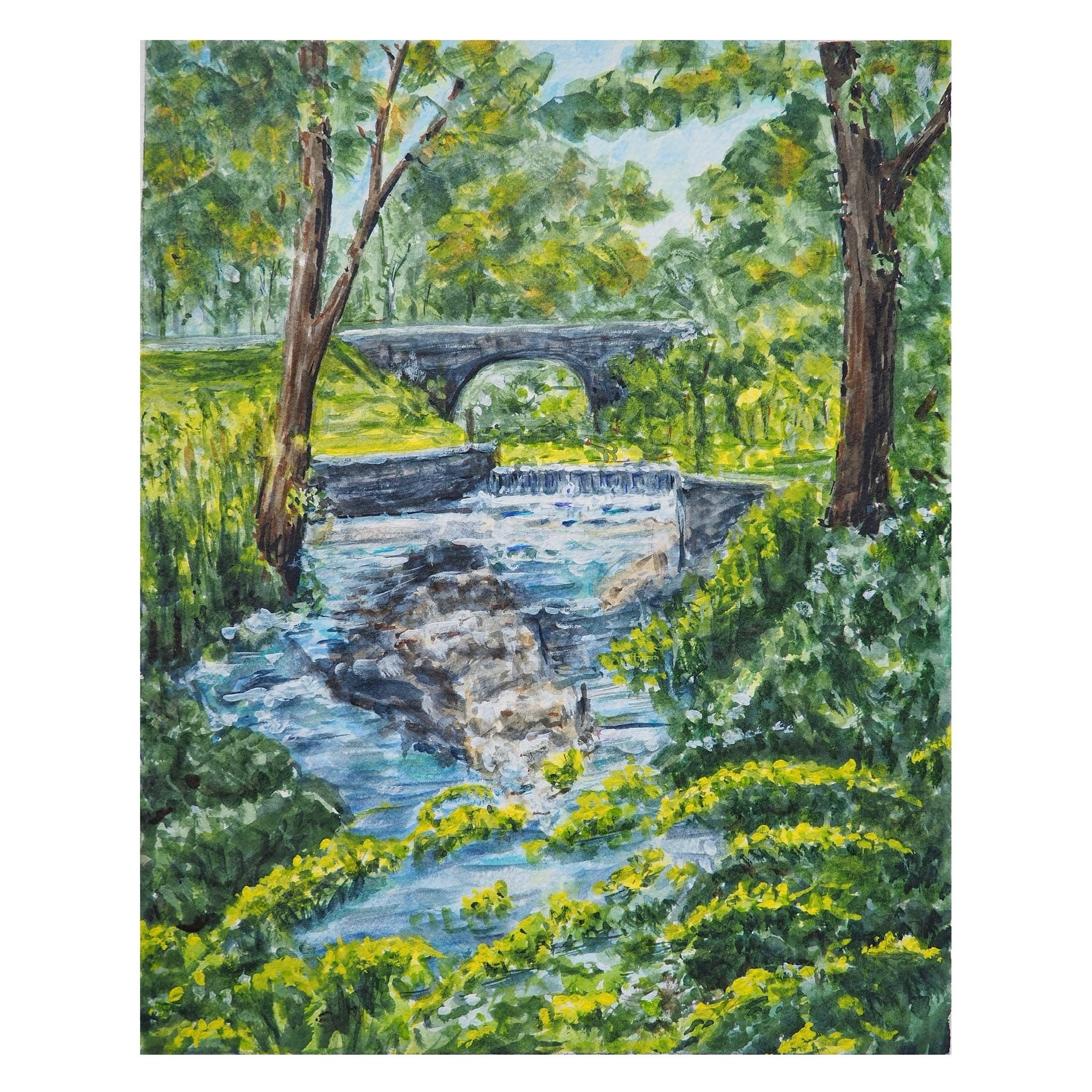美術品・アンティーク・コレクション 日本画 山間風景 渓流とアーチ橋