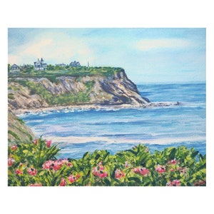 Pittura ad acquerello - Colori primaverili e scogliere di Block Island - Stampa giclée - Paesaggio marino Beachscape Rhode Island art