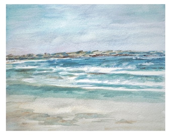 May include: A watercolor painting of a seascape with a sandy beach, turquoise water, and a distant coastline. The sky is a light blue with white clouds.