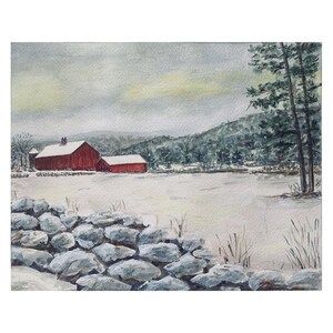 Watercolor Painting - Cornwall Barn - Giclee Print - Winter Landscape with Red Barn stone wall art