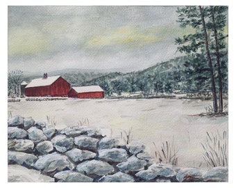 Pintura em aquarela - Cornwall Barn - Impressão giclée - Paisagem de inverno com arte de parede de pedra Red Barn